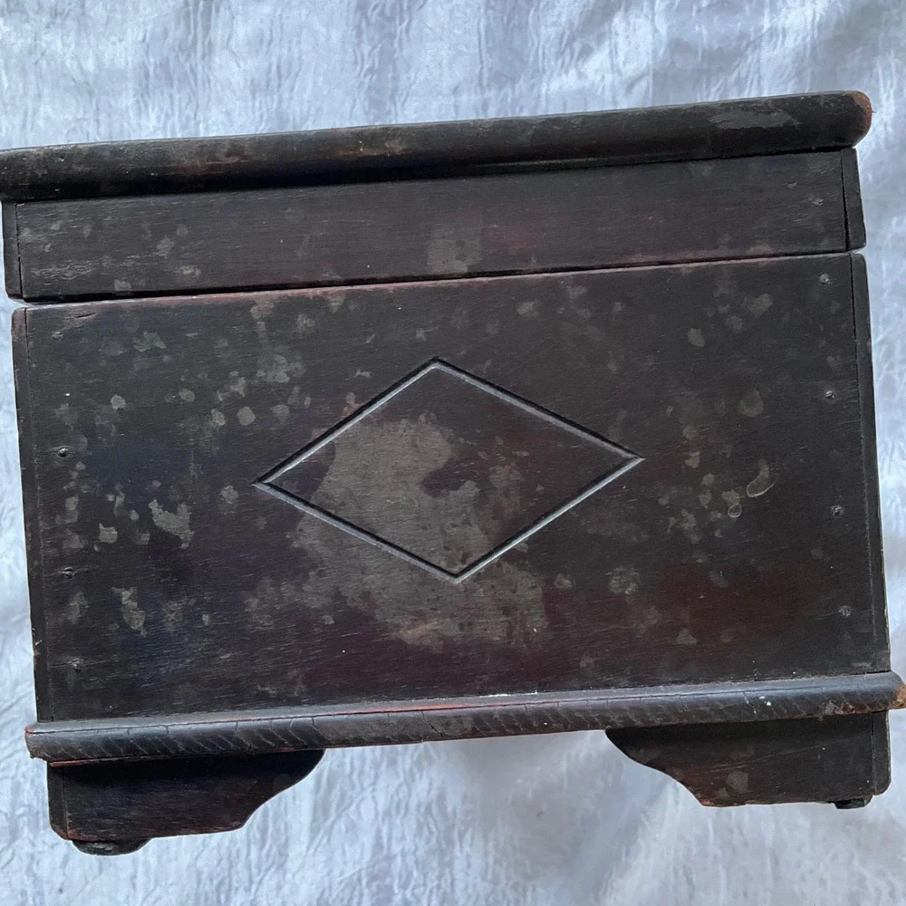 Antique 19thC Folk Art Wooden Box Carved Diamond Damask Silk Lined Jewelry Chest